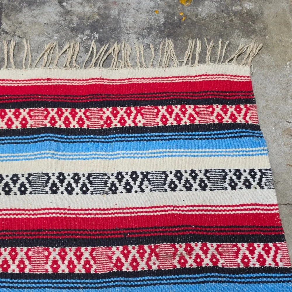 Vintage Mexican Serape Blanket Rug Striped Geometric Fringe Good 84